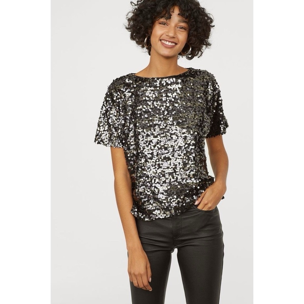 H&M, Women, Blouse,Parties/cocktail,Black/silver, Decorated,Big Sequins,SizeXS.:
